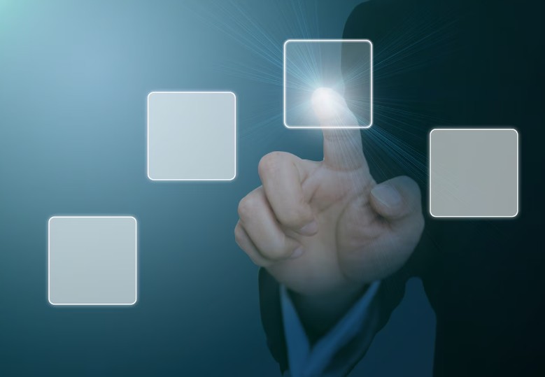 Finger selecting digital AI options on a virtual interface